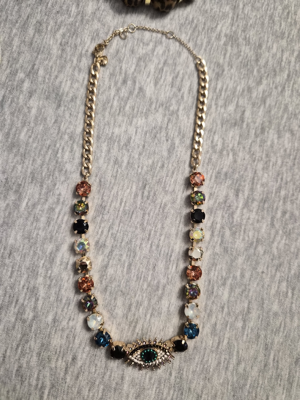 Aldo Gold-Tone Necklace with Green Eye and Multi-Color Crystals
